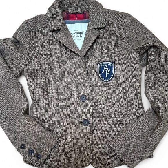 ABERCROMBIE & FITCH Brown Tweed Wool Cropped Fitted Blazer XS Dark Academia - Picture 6 of 12